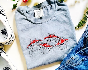 Mushroom Cat Embroidered Tee | Mushroom Cat Crewneck T-Shirt | Cotton Tee | | Embroidered T-Shirt | Cat Gifts