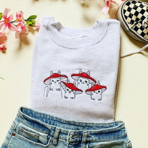 Mushroom Cats Embroidered Crewneck Sweatshirt | Cat Crewneck |