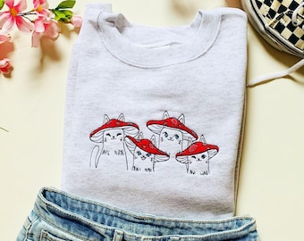 Mushroom Cats Embroidered Crewneck Sweatshirt | Cat Crewneck |