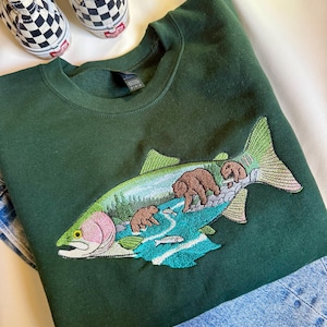 Alaskan Salmon Bear Scene Embroidered Crewneck: Nature Cotton Sweater