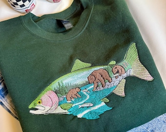 Alaskan Salmon Bear Scene Embroidered Crewneck: Nature Cotton Sweater
