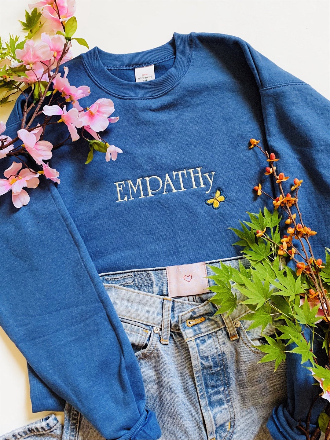 Empathy Embroidered Sweatshirt: Blue Butterfly Hanes Eco Smart