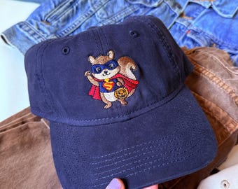 Superhero Squirrel Embroidered Baseball Cap | Vintage | Dat Hats | Halloween Gifts | Skatewear | Trick or Treat