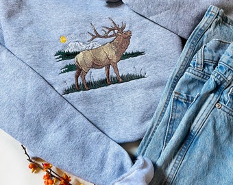 Sunrise Elk Embroidered Crewneck