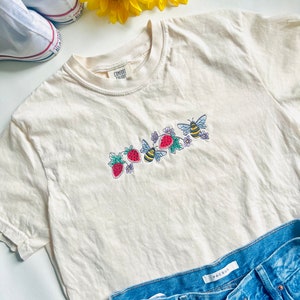 Bees and Berries Embroidered Cotton T-Shirt | Nature Tee | Embroidered T-Shirt | Graphic T- Shirt | Nature Gifts