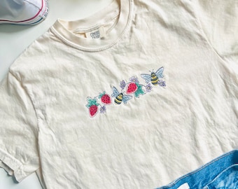 Bees and Berries Embroidered Cotton T-Shirt | Nature Tee | Embroidered T-Shirt | Graphic T- Shirt | Nature Gifts