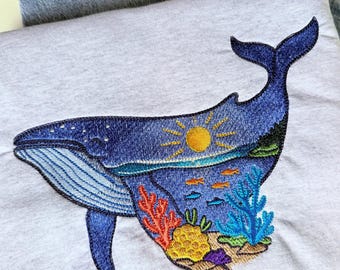 Underwater Whale Ocean Scene Embroidered Crewneck: Beach Sweatshirt