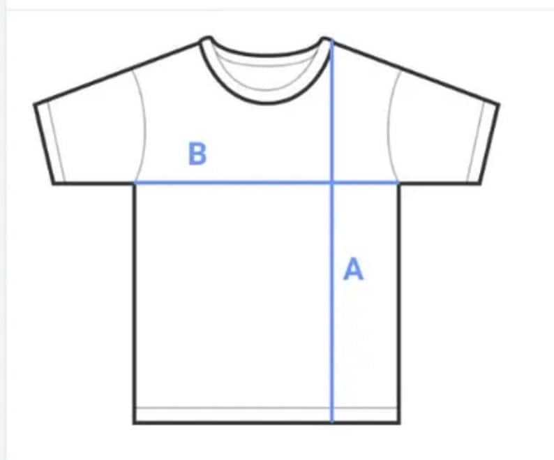 Może przedstawiać: Ilustracja białej koszulki z niebieskimi liniami wskazującymi punkty pomiaru. Diagram przedstawia wymiary koszulki, z oznaczeniami A i B, prawdopodobnie reprezentującymi pomiary długości i szerokości w cm.