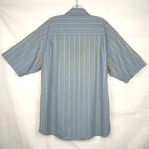 Puede incluir: Camisa de manga corta con rayas verticales en azul claro, beige y gris. La camisa est&aacute; colgada sobre un fondo blanco. La parte trasera de la camisa es visible, mostrando el cuello y el canes&uacute;.