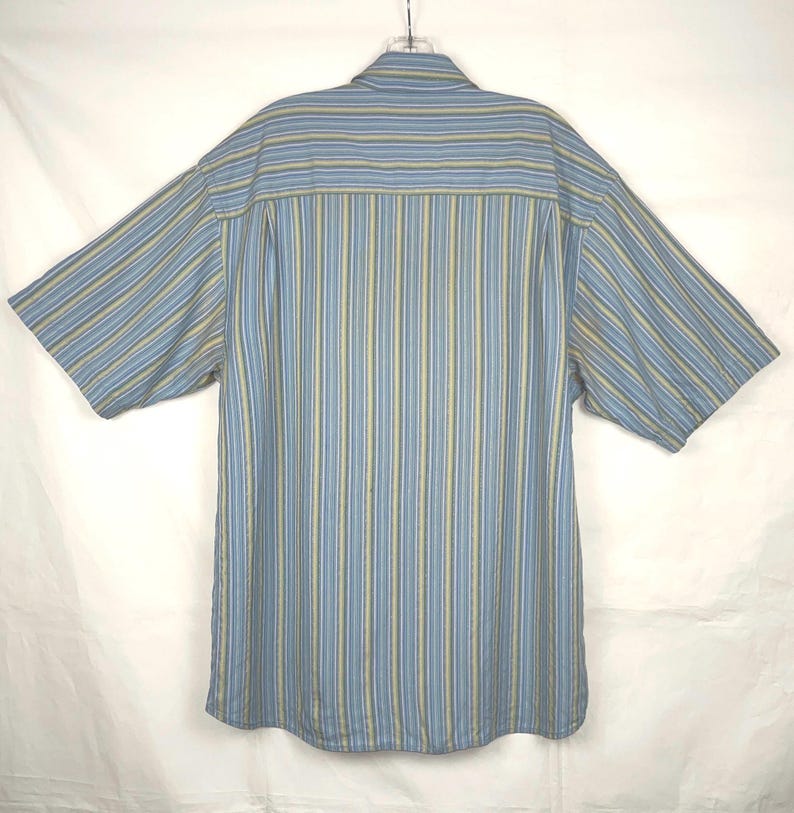 Puede incluir: Camisa de manga corta con rayas verticales en azul claro, beige y gris. La camisa est&aacute; colgada sobre un fondo blanco. La parte trasera de la camisa es visible, mostrando el cuello y el canes&uacute;.