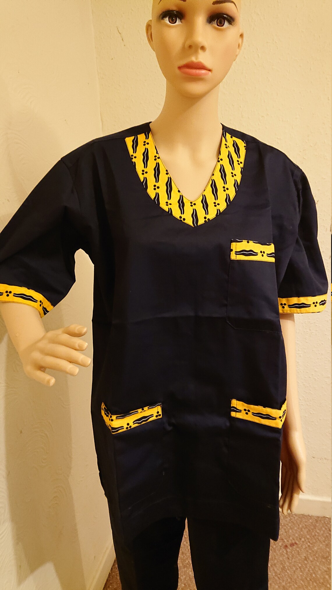 Scrub top with yellow cauri African cloth print Etsy