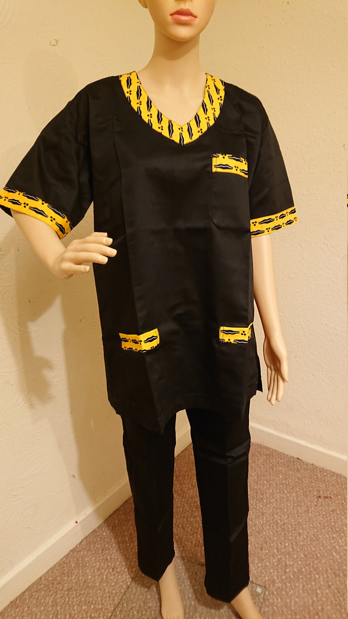 Scrub top with yellow cauri African cloth print Etsy