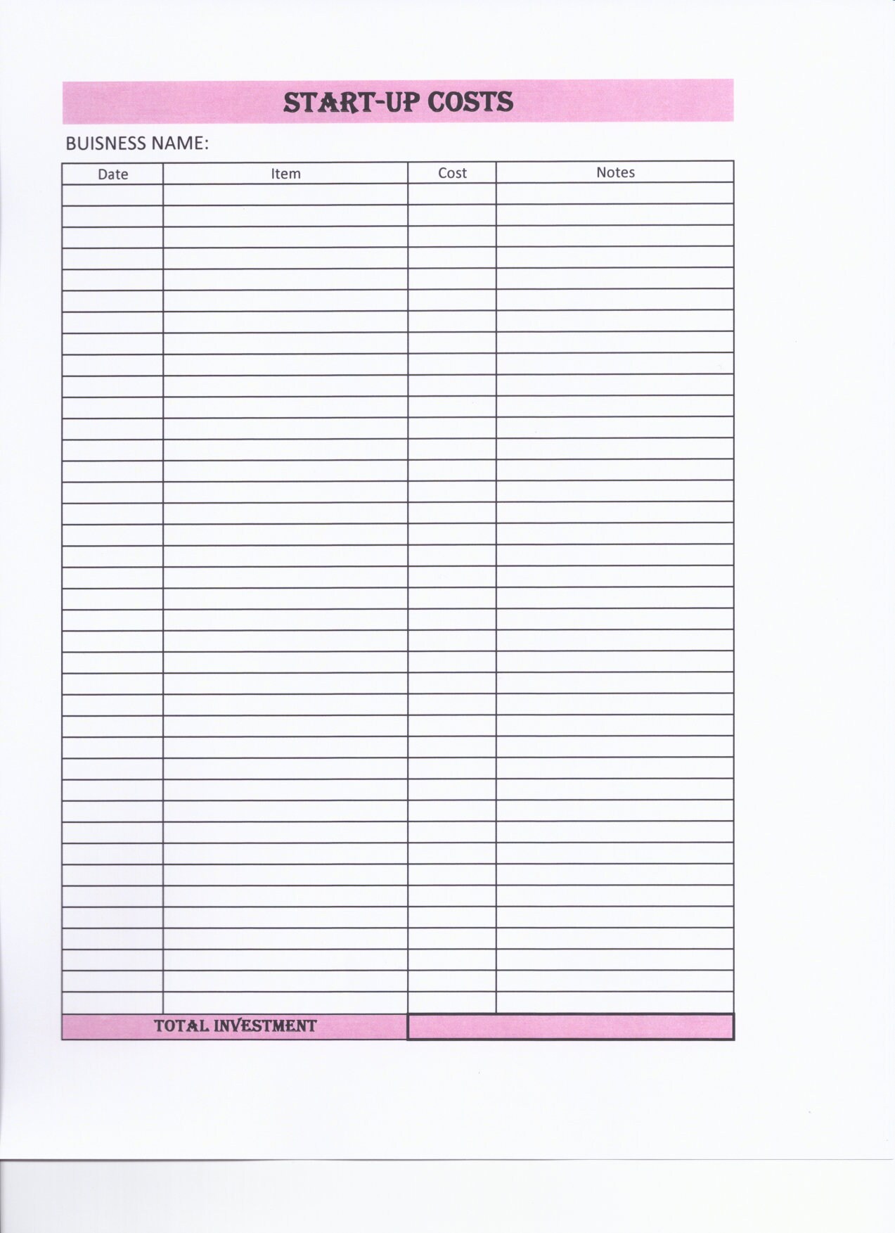 PRINTABLE Business Start-Up Cost Worksheet | Etsy