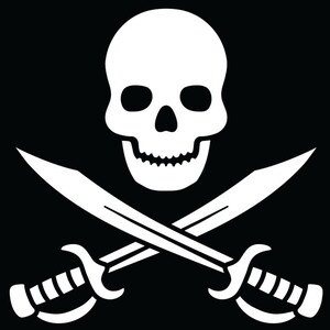 Puede incluir: Una ilustración en blanco y negro de una calavera y huesos cruzados. La calavera tiene una sonrisa de dientes y los huesos cruzados están hechos de espadas.