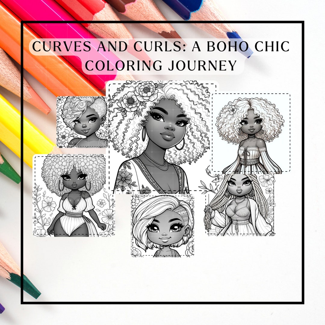 Buy Chibi Curves and Curls Coloring Page, Boho Fashion, Black Girl ...