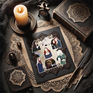 May include: A set of stickers featuring illustrations of women and a wolf. The stickers are on a black background with a decorative border. The stickers are on a white surface with a lace pattern.