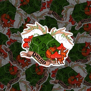 DND Mushroom and Fennec Fox Druid D20 Sticker , DND Sticker , Mushroom Sticker , Druid Class , Polyhedral Dice , DND Sticker