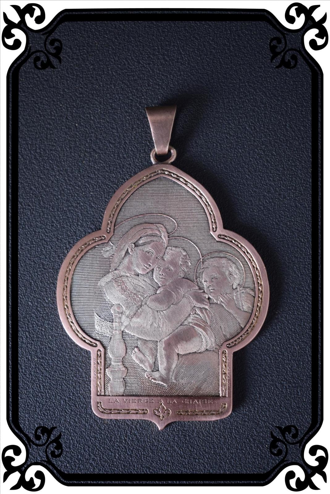 Vintage French Antique Large Religious Virgin Medal 19Th