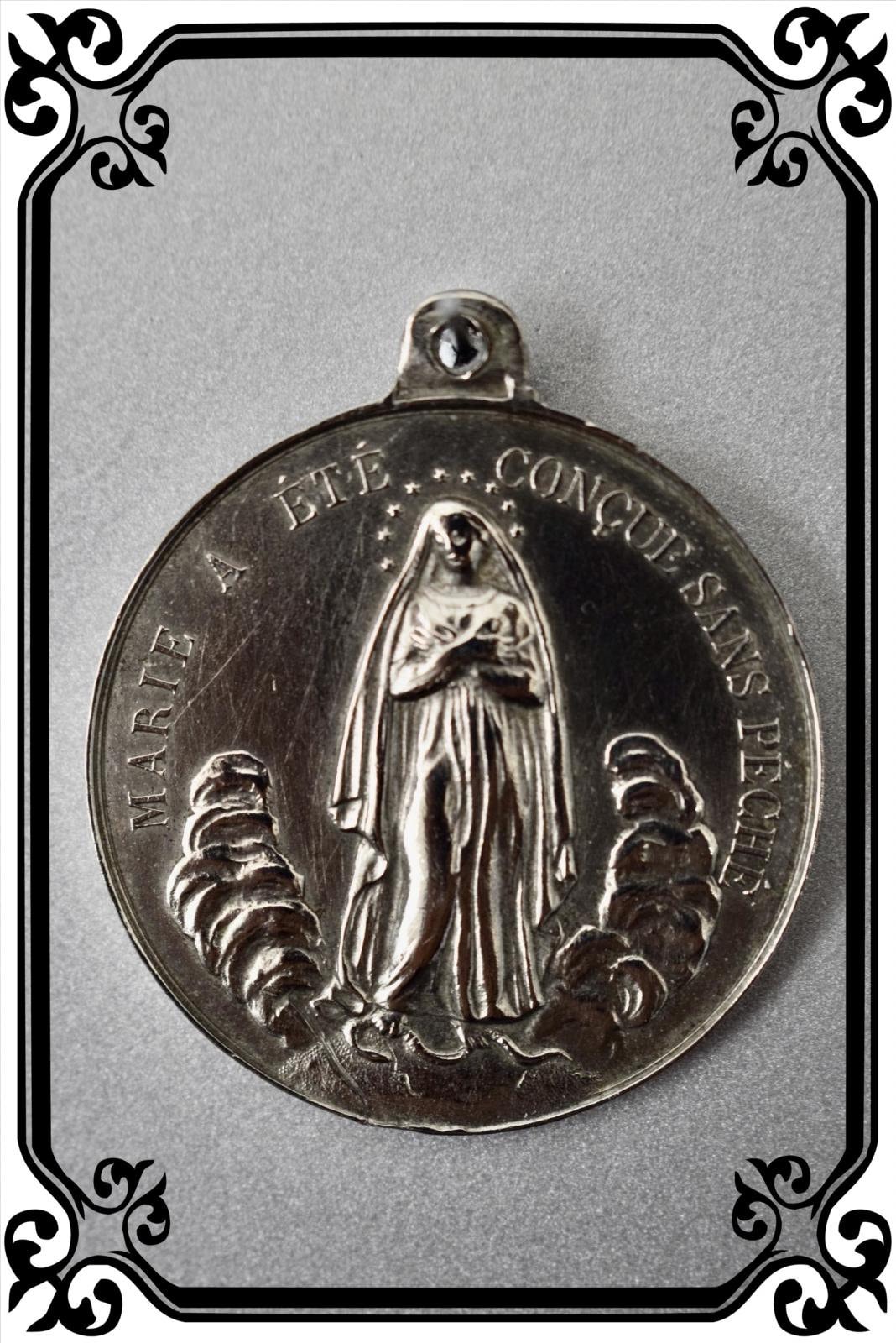 Vintage French Mary Sacred Heart Medal Large Pendant