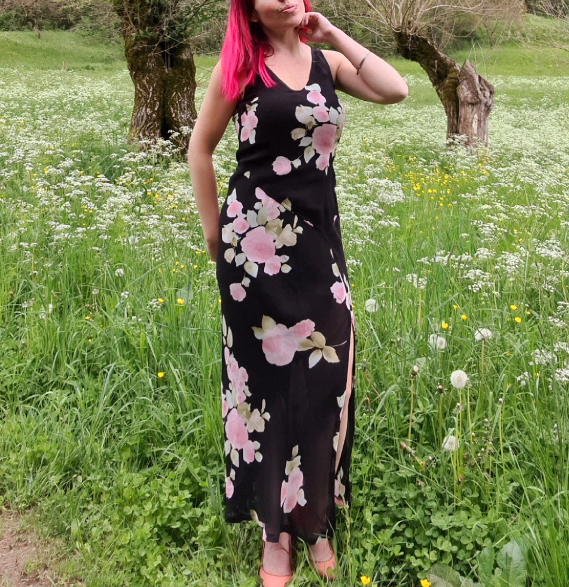 black dress with large pink flowers