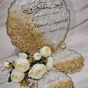 Personalised Gold and Pearl resin tray with stand - FREE MATCHING COASTERS..Read description