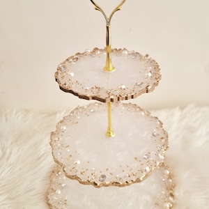 White and gold leaf tiered cupcake stand with pearls and crystals