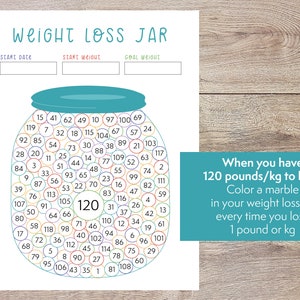 Colorful weight loss jar - 120 pound or kg printable weight loss chart - lost pounds tracker for diet motivation - Chart for diet tracking