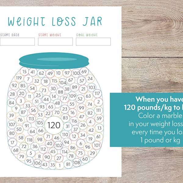 Colorful weight loss jar - 120 pound or kg printable weight loss chart - lost pounds tracker for diet motivation - Chart for diet tracking
