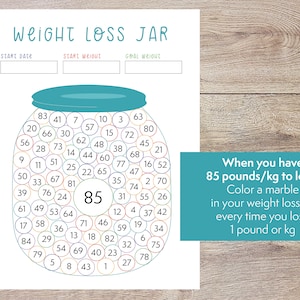 Colorful weight loss jar - 85 pound or kg weight loss counter - printable weight loss chart - color marbles for weight loss motivation