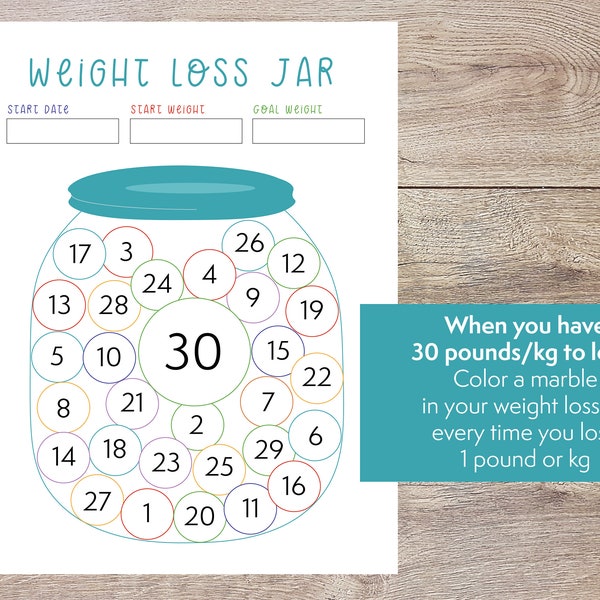 Colorful weight loss jar - 30 pound or kg printable counter - motivation for losing weight - color a marble for every pound or kilo you lose