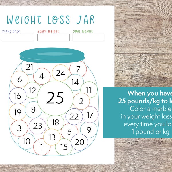 Colorful weight loss jar - 25 pound or kg printable weight loss motivation chart - color a marble when you lose a pound or kilo