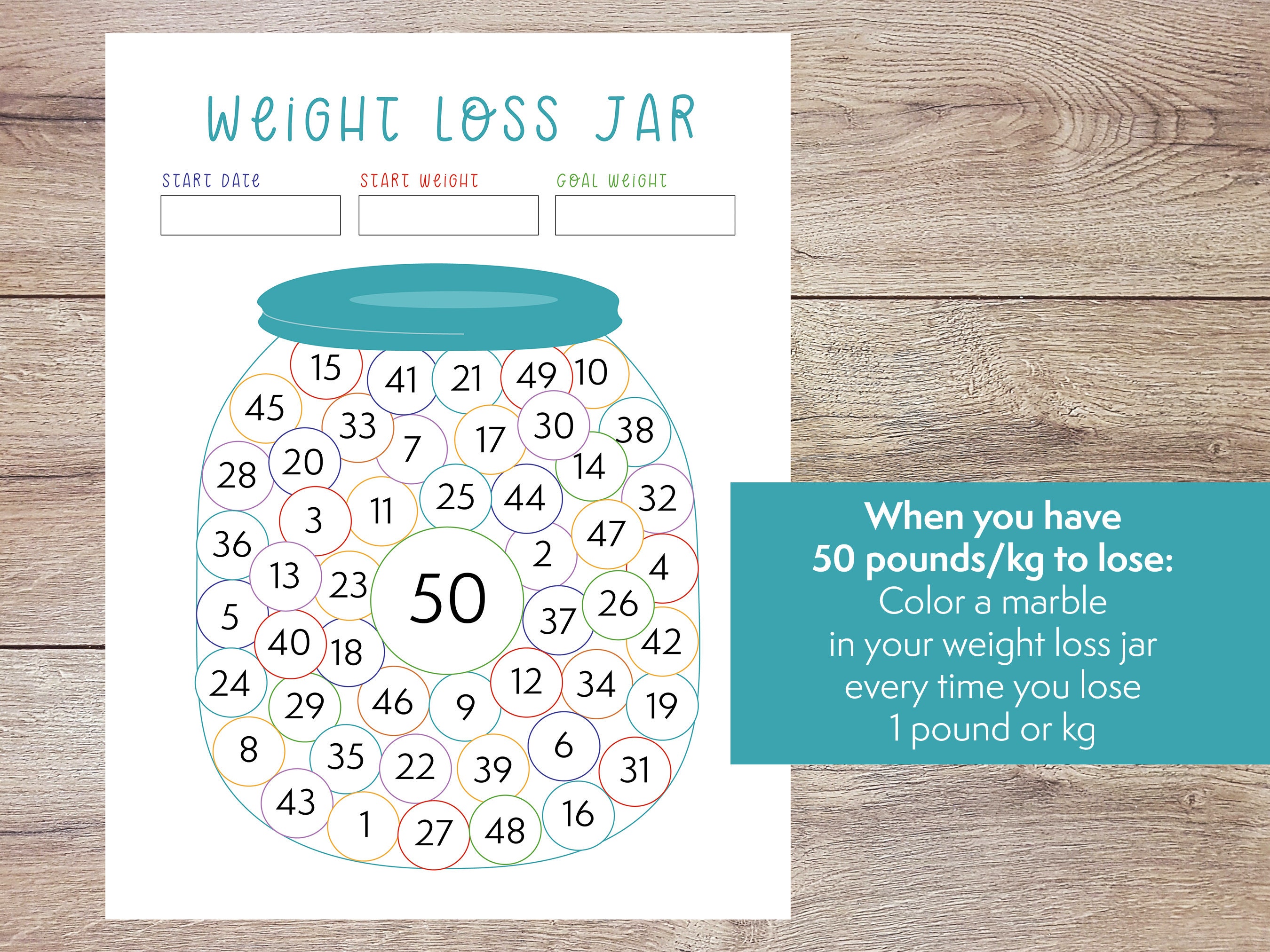 Colorful Weight Loss Jar 50 Pound or Kg Printable Weight Loss Counter ...