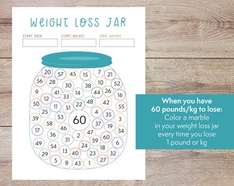 Colorful weight loss jar - 60 pound or kg weight loss tracker - printable diet motivation chart - count the pounds you lose weight loss tool