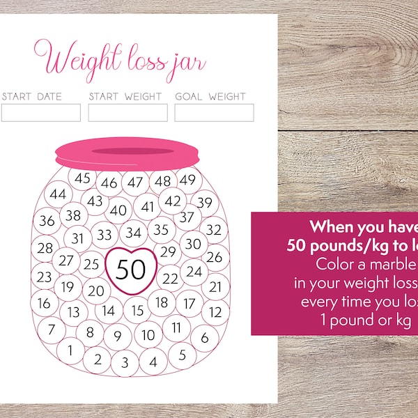 Cute pink weight loss jar for 50 pound weight loss - weight loss motivation - weight loss counter - diet results chart - diet tracker