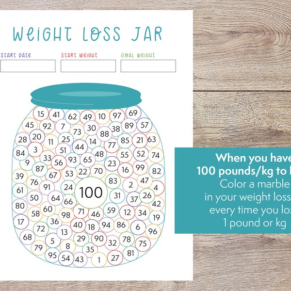 Colorful weight loss jar - 100 pound or kg printable weight loss tracker - lost pounds chart - diet motivation print - Diet tracking chart