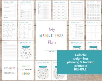 Printable weight loss tracker - colorful weight loss plan bundle - Diet planning and motivation journal template - Weight loss planner tool