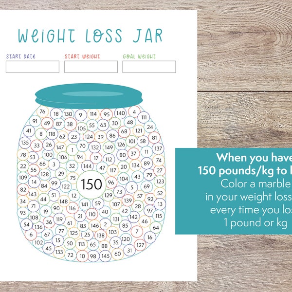 Colorful weight loss jar - 150 pound or kg weight loss tool - printable lost pounds tracker for diet - motivation table for losing weight