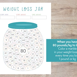 Colorful weight loss jar - 80 pound or kg printable weight loss chart - color marbles as you lose weight - weight loss counter