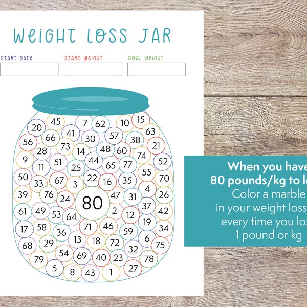 Colorful weight loss jar - 80 pound or kg printable weight loss chart - color marbles as you lose weight - weight loss counter