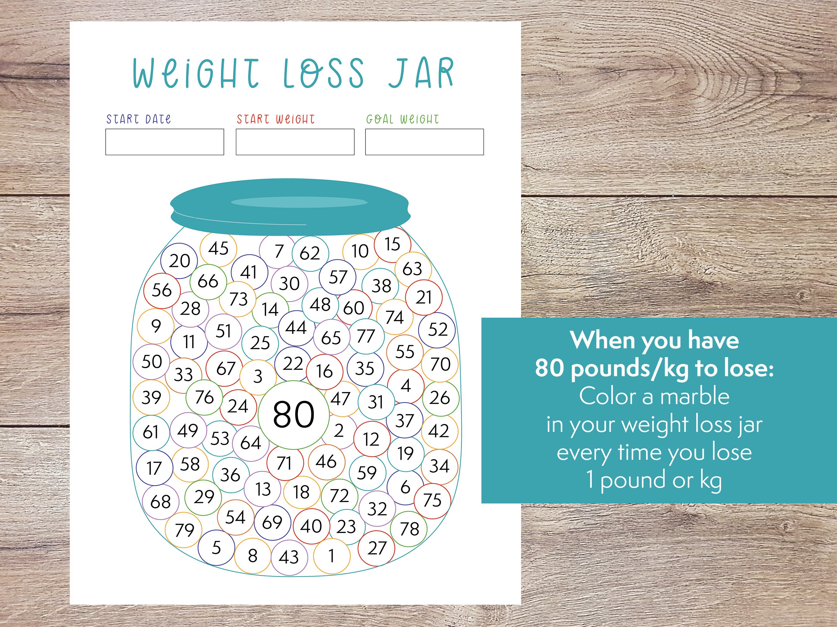 Colorful Weight Loss Jar 80 Pound or Kg Printable Weight Loss Chart ...