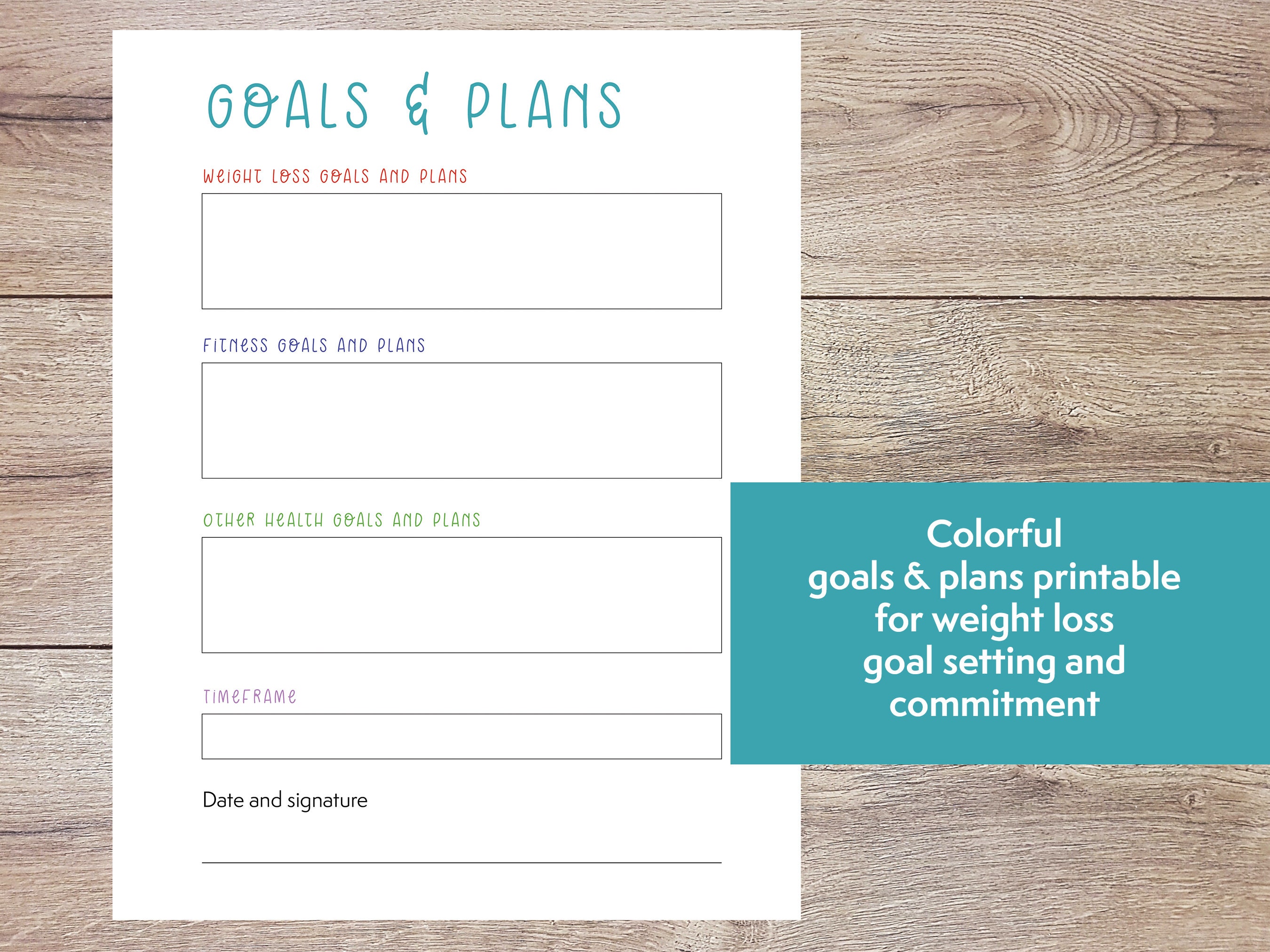 Weight Loss Goals and Plans Sheet Printable Commitment Chart for Weight