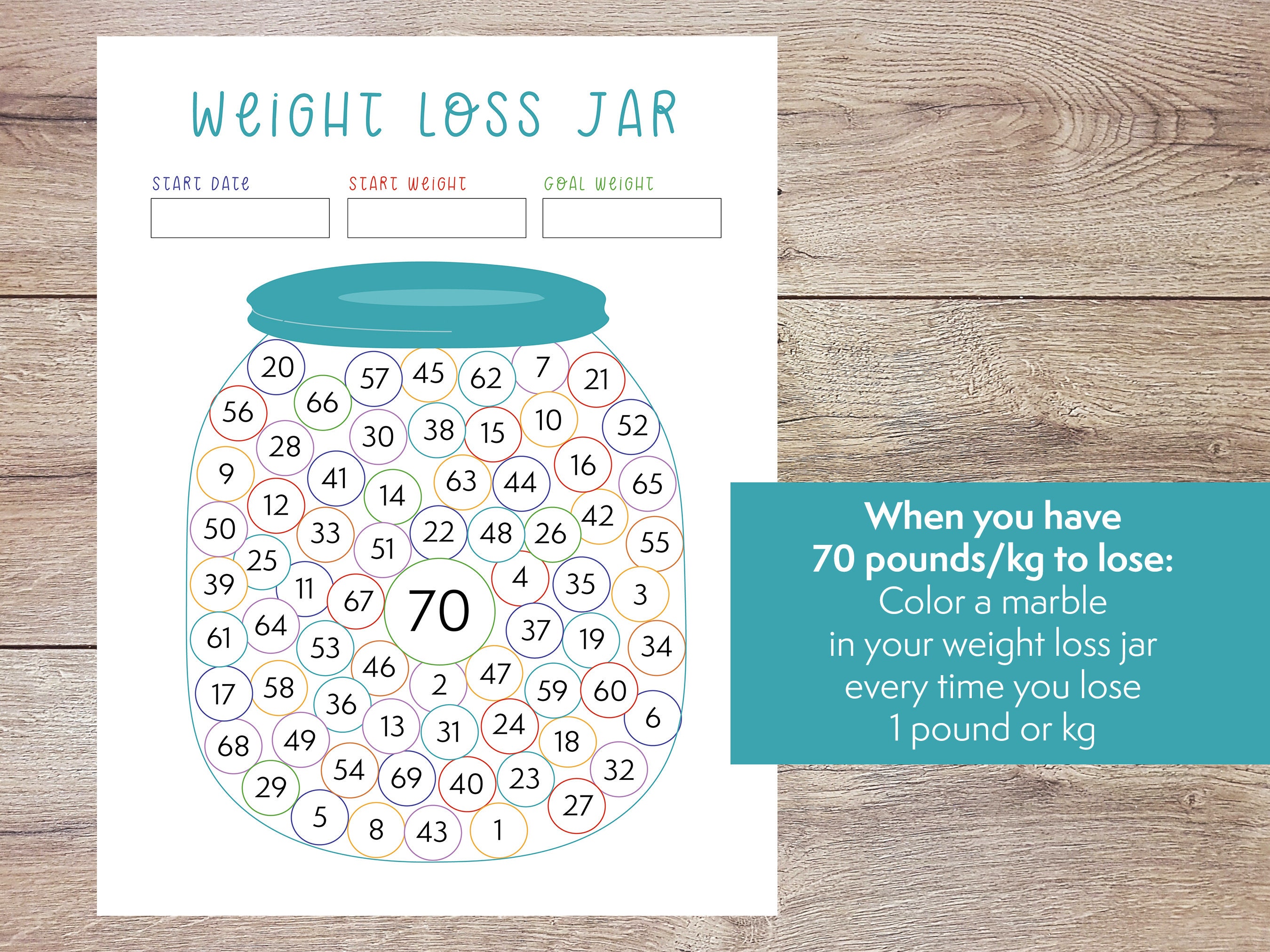 Colorful Weight Loss Jar 70 Pound or Kg Weight Loss Chart Printable ...