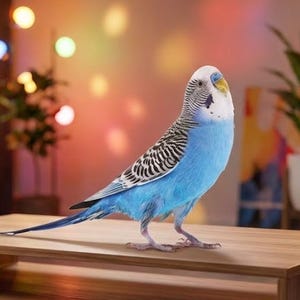 May include: A blue parakeet with a white head and black markings stands on a wooden table. The bird has a long tail and is facing to the left. The table is brown with a rectangular shape and metal legs.