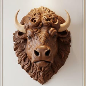 Op de afbeelding: Gedetailleerde houten sculptuur van een bizonskop met gebogen hoorns en een getextureerde, bruine afwerking. De sculptuur is bevestigd aan een witte muur met decoratieve lijsten.