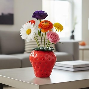 Op de afbeelding: Een rode, keramische aardbeivormige vaas gevuld met kleurrijke bloemen. De vaas heeft een groene, bladvormige rand en kleine zwarte stippen. De bloemen omvatten witte madeliefjes, oranje ranonkels en roze rozen.