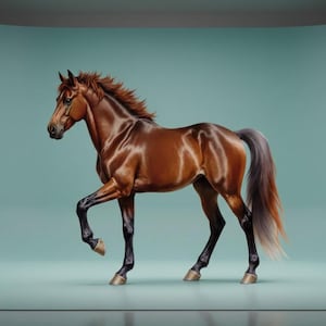 May include: A majestic brown horse with a flowing mane and tail, captured in a studio setting. The horse is posed with one leg raised, showcasing its muscular build and glossy coat. The background is a soft teal color.