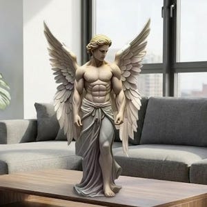 Puede incluir: Una estatua detallada de un ángel con grandes alas emplumadas. El ángel tiene un físico musculoso, cabello suelto y está envuelto en tela. La estatua es principalmente blanca y gris, de pie sobre una mesa de madera.