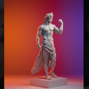 Puede incluir: Estatua de mármol blanco de una figura masculina musculosa flexionando su bíceps. La estatua está cubierta con tela y se encuentra sobre una base rectangular blanca. El fondo tiene un degradado de naranja a morado.