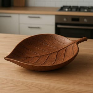 May include: A wooden leaf-shaped bowl with detailed veining. The bowl is a warm brown color and sits on a light-colored wooden surface. The background shows a kitchen setting with white cabinets and a stove.