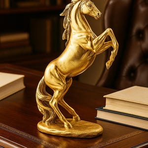May include: A gold-coloured horse statue in a rearing pose. The sculpture has a detailed mane and tail, and stands on a small, round base. It is placed on a dark wooden desk, with books visible in the background. The statue is approximately 30 cm tall.